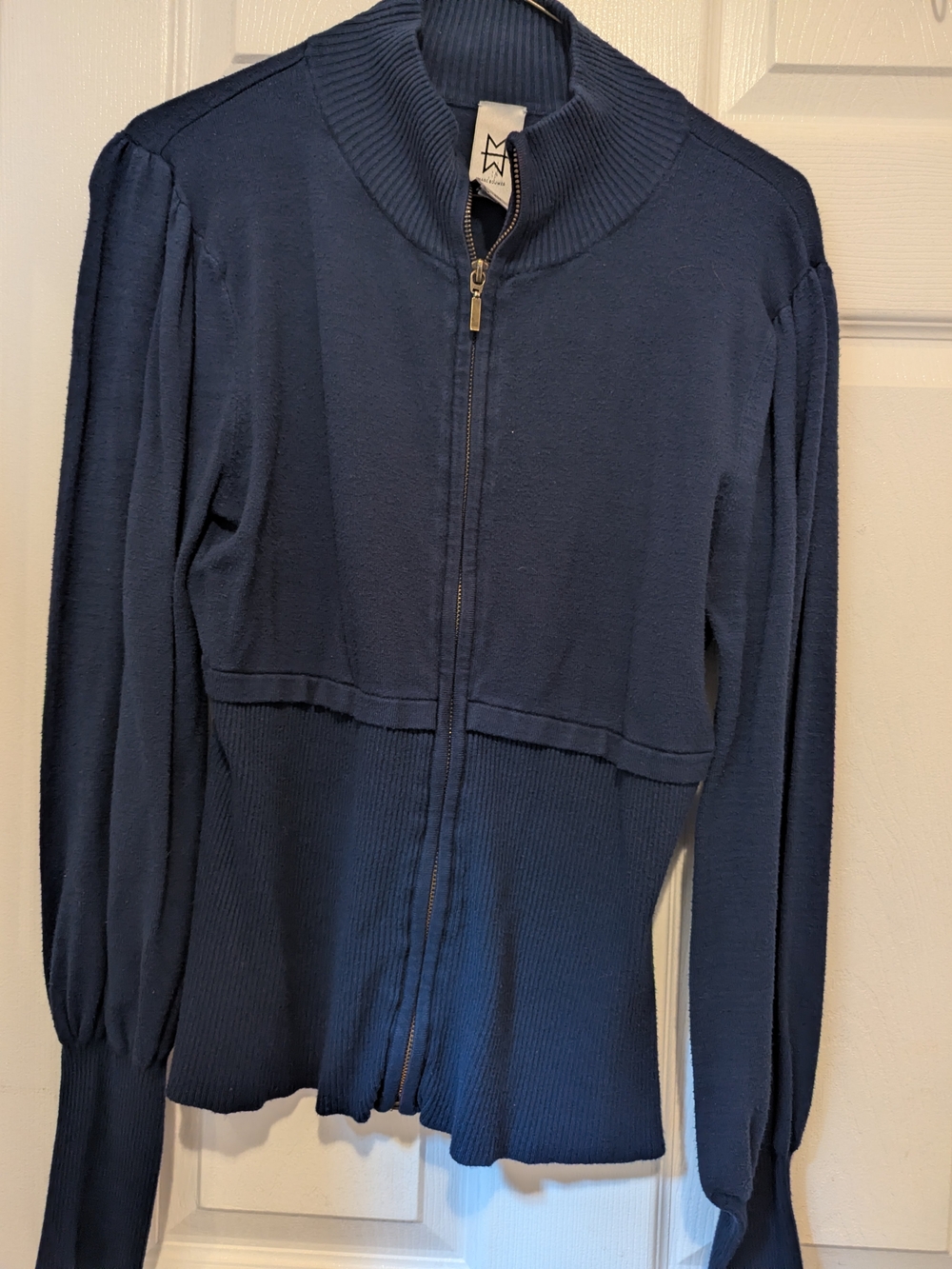 Marc Bouwer Navy Zip-Front Ribbed Knit Jacket